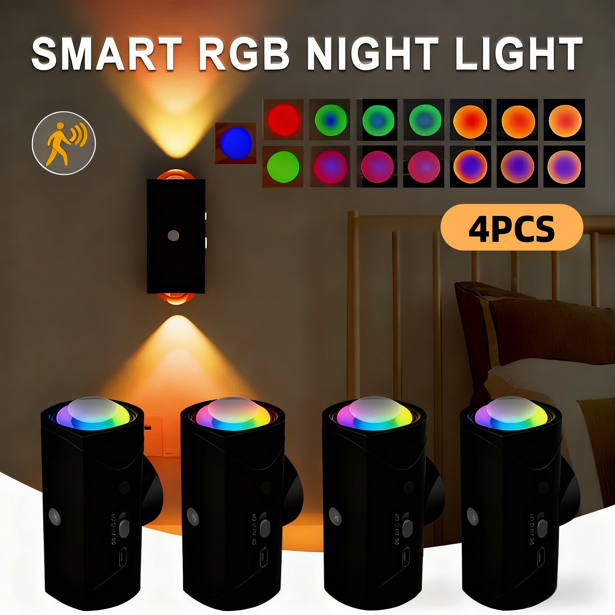 4PCS Color-sensing Motion Night Lights, Wall Lights, Cabinet Lights, Decorative Lights, With Three Lighting Modes, Available In Multiple Colors, Featuring Magnetic Installation